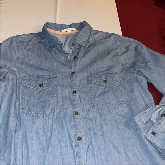 XL hint of mint BLUE Jean shirt white LACE BACK Chambray Oversized button up XL - Picture 11 of 12